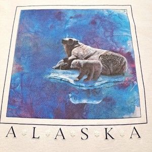 Vintage Alaska Polar Bears Art T-Shirt Adult Large White Blue 90s Single-Stitch